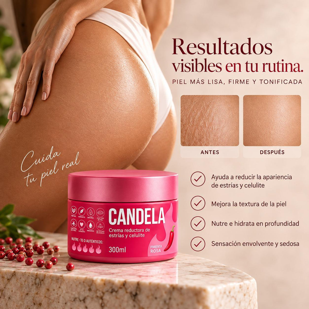 Candela Crema Corporal con Efecto Térmico | Piel Más Lisa y Suave